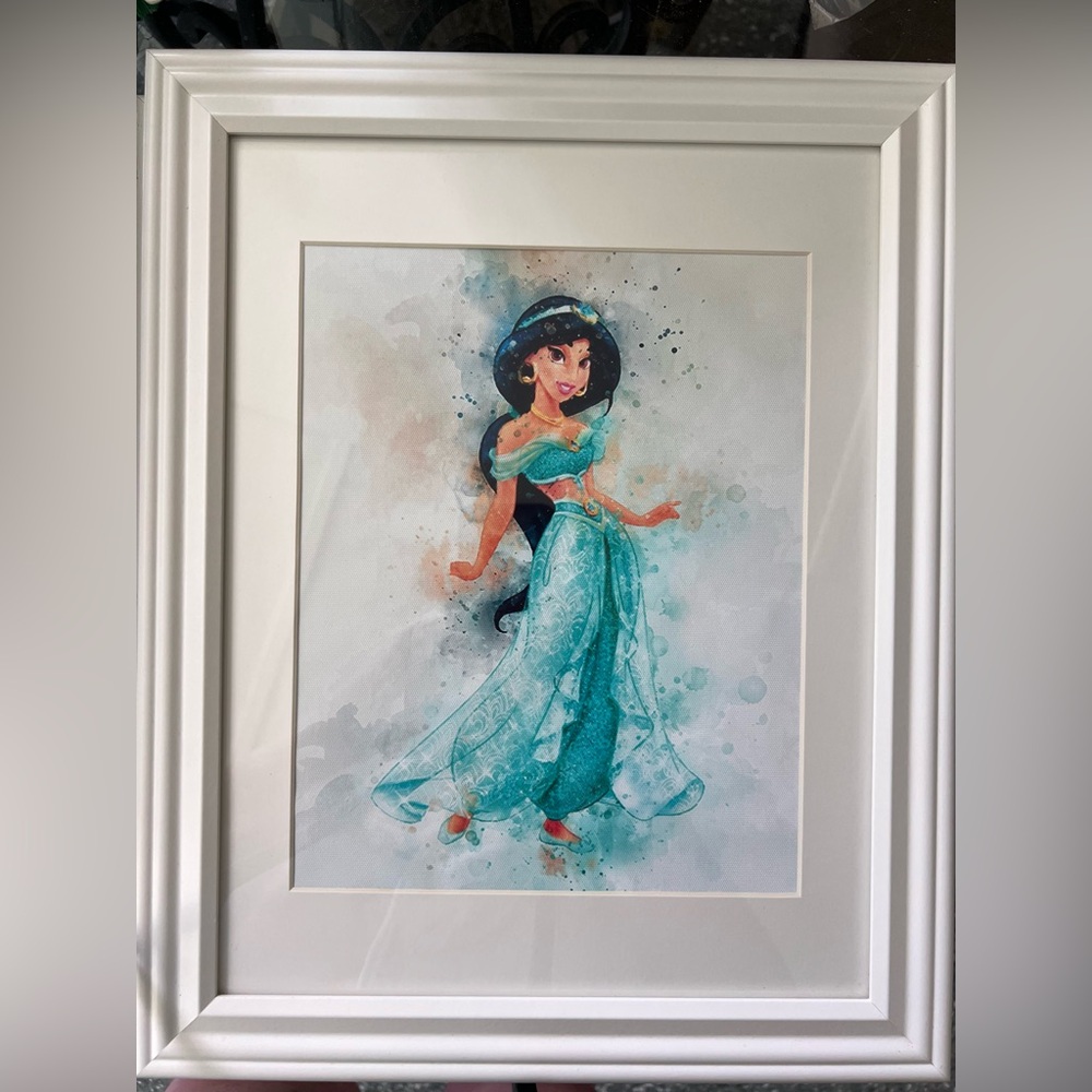 Disney Jasmine Princess Artwork Print White Framed and Matted Teal 15” high